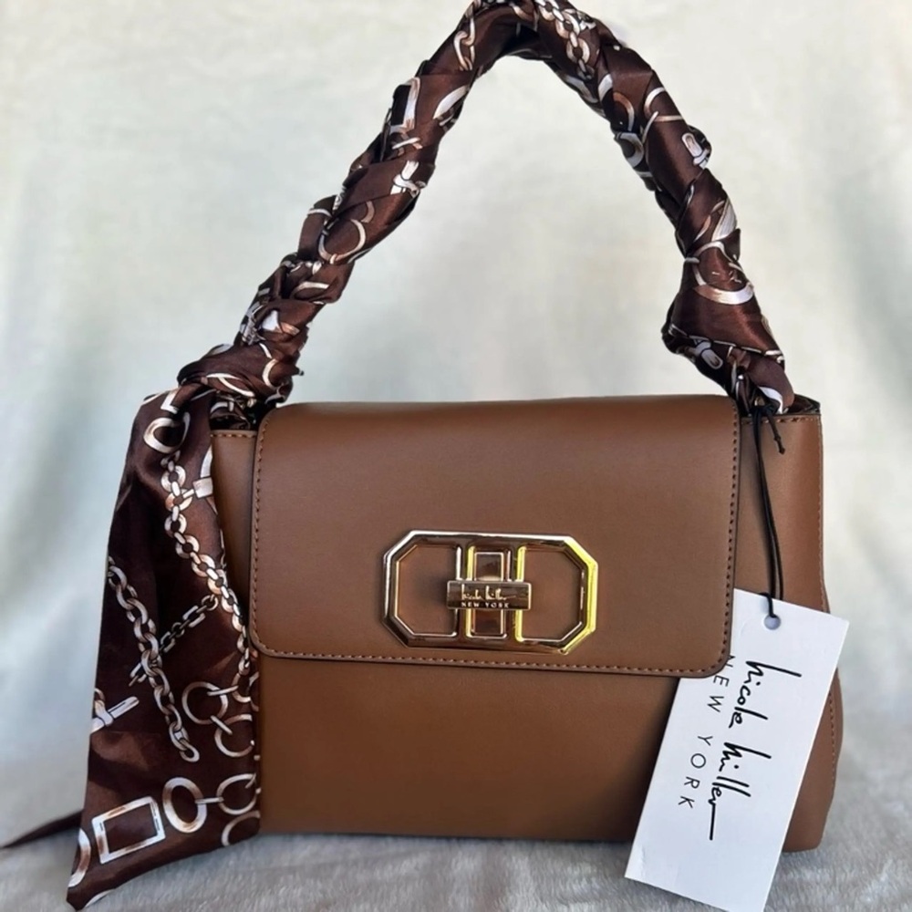 NWT Nicole Miller Cognac Brown Leather Shoulder Bag with Silk-Wrapped Handle